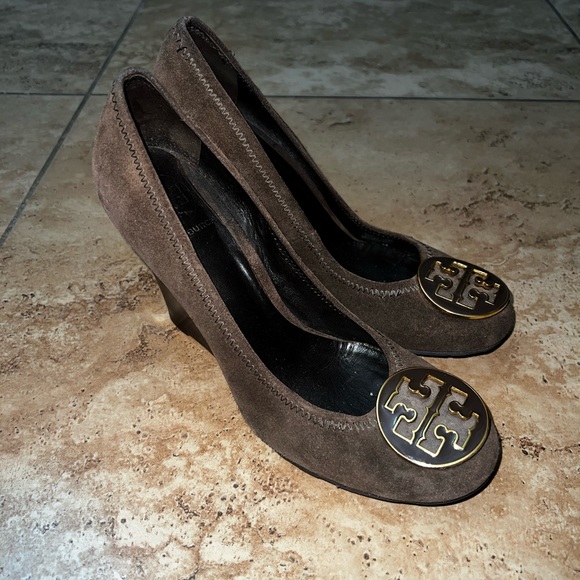 Tory Burch Sophie Chocolate Suede Wedge Heels - Picture 1 of 10